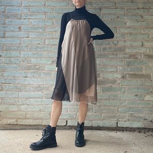 Free People Dress Sheer Colorblock Tent Halter Tie Neck Tan Beige Panel Chiffon